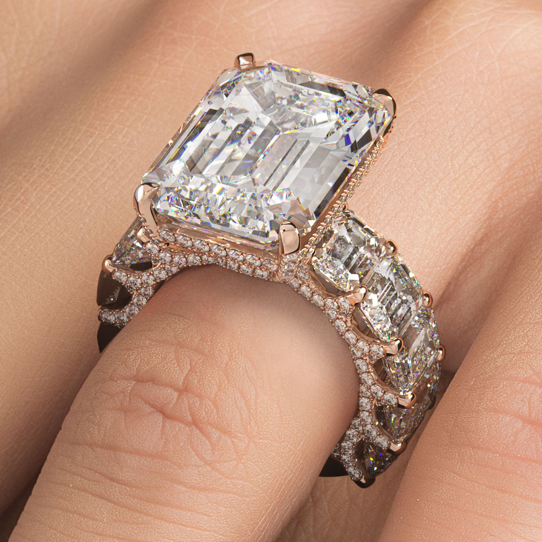 32.23ctw F-VS1 Emerald Cut Micropavé Lucida Set Lab Grown Diamond Engagement Ring set in 14k Rose Gold