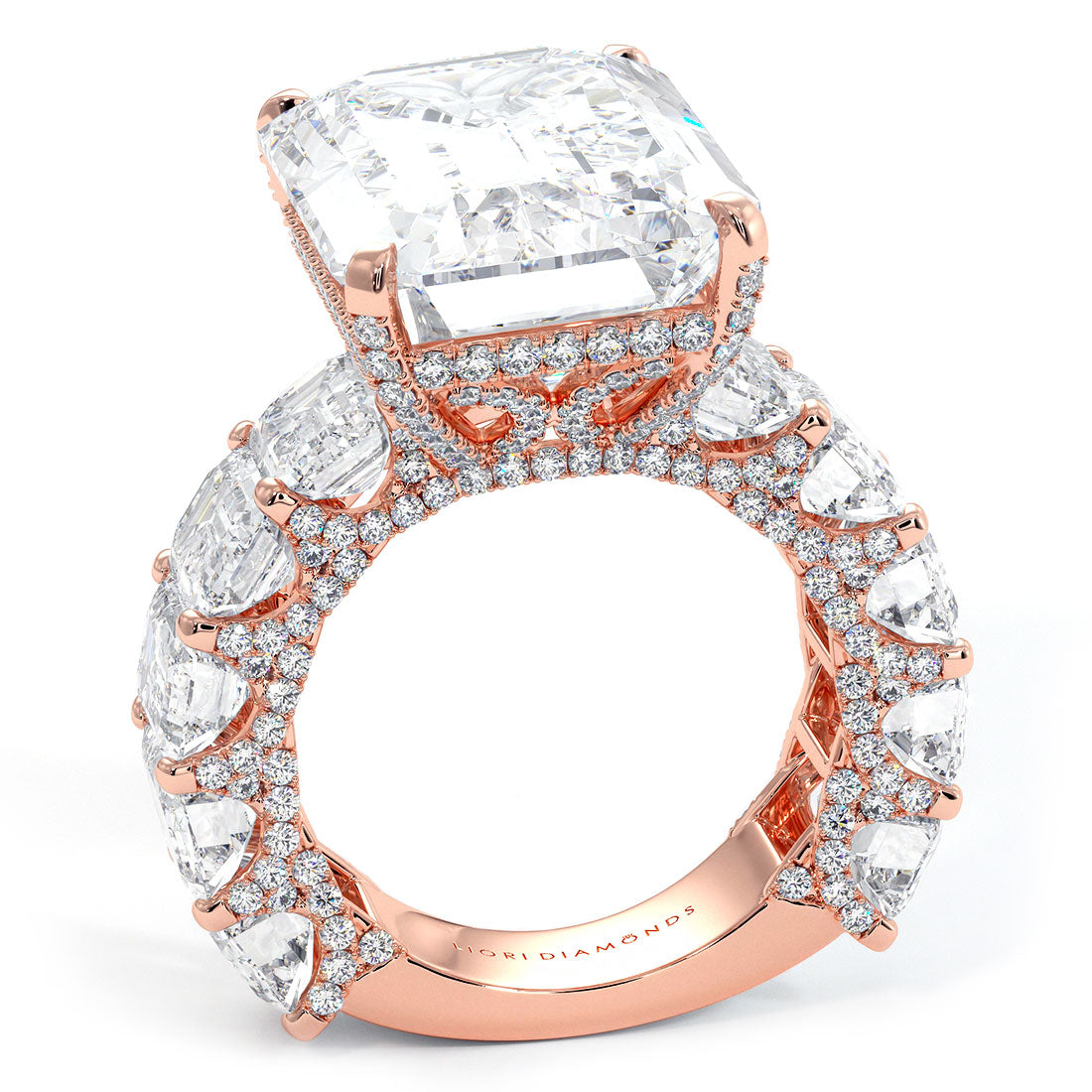 32.23ctw F-VS1 Emerald Cut Micropavé Lucida Set Lab Grown Diamond Engagement Ring set in 14k Rose Gold