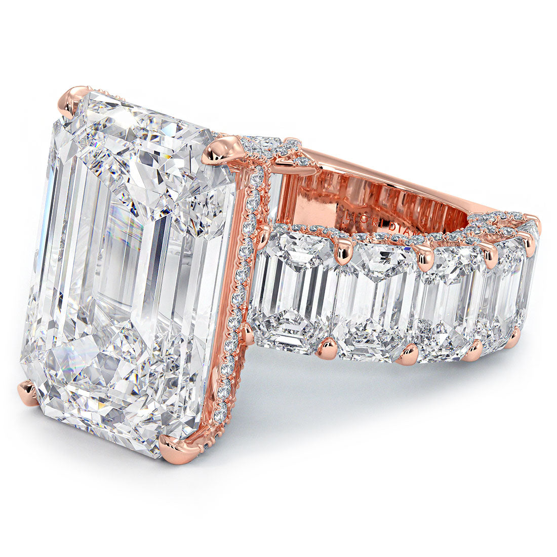 32.23ctw F-VS1 Emerald Cut Micropavé Lucida Set Lab Grown Diamond Engagement Ring set in 14k Rose Gold