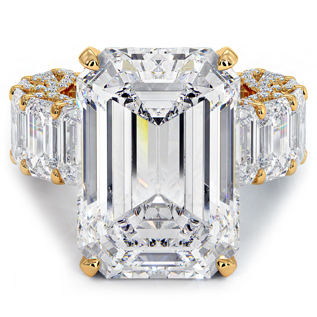 32.23ctw F-VS1 Emerald Cut Micropavé Lucida Set Lab Grown Diamond Engagement Ring set in 14k Yellow Gold