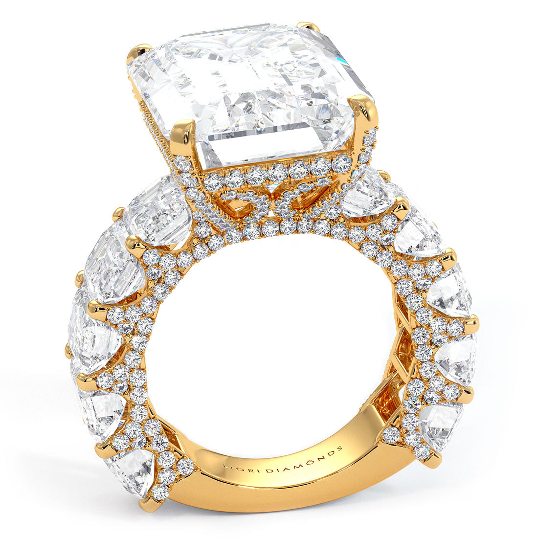 32.23ctw F-VS1 Emerald Cut Micropavé Lucida Set Lab Grown Diamond Engagement Ring set in 14k Yellow Gold