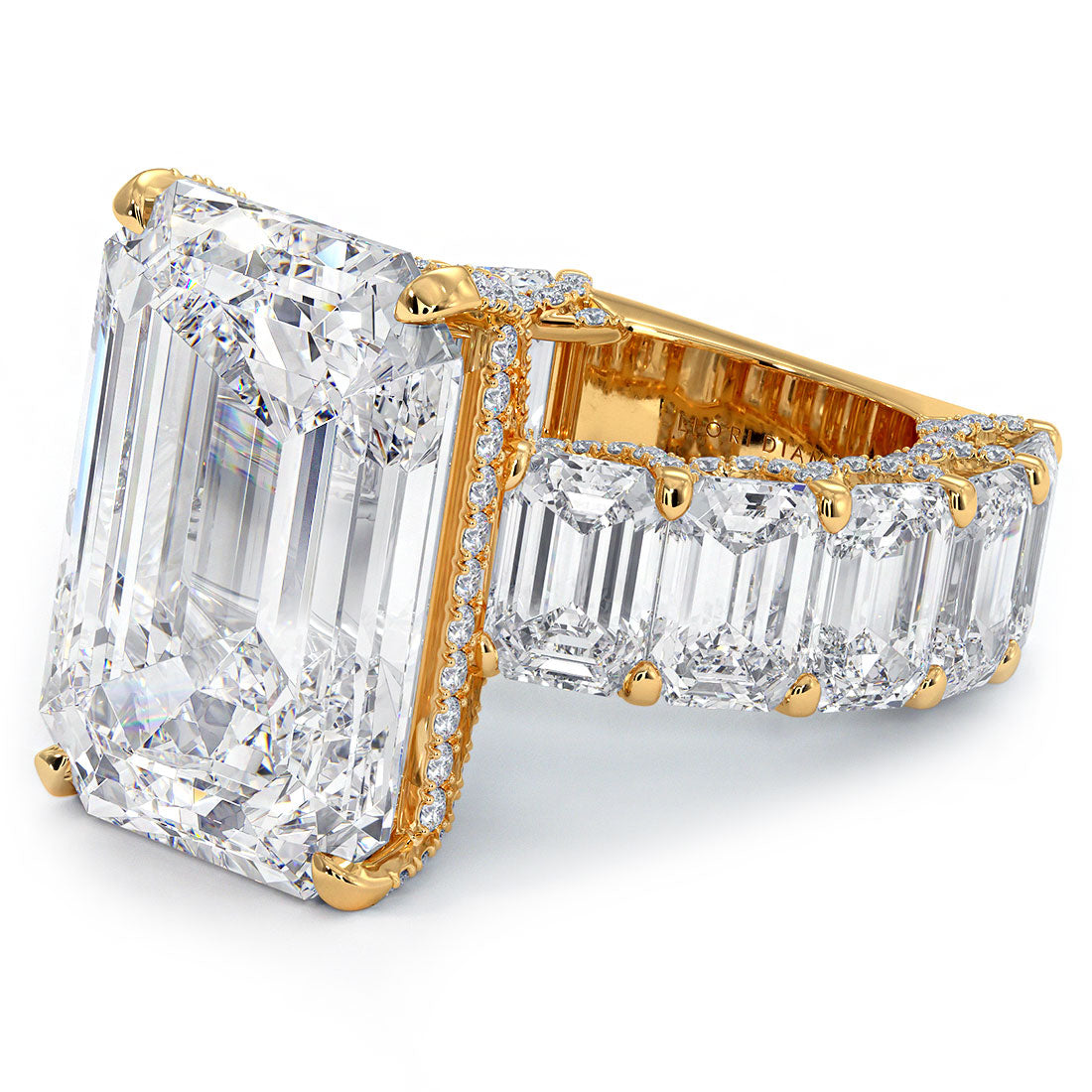 32.23ctw F-VS1 Emerald Cut Micropavé Lucida Set Lab Grown Diamond Engagement Ring set in 14k Yellow Gold