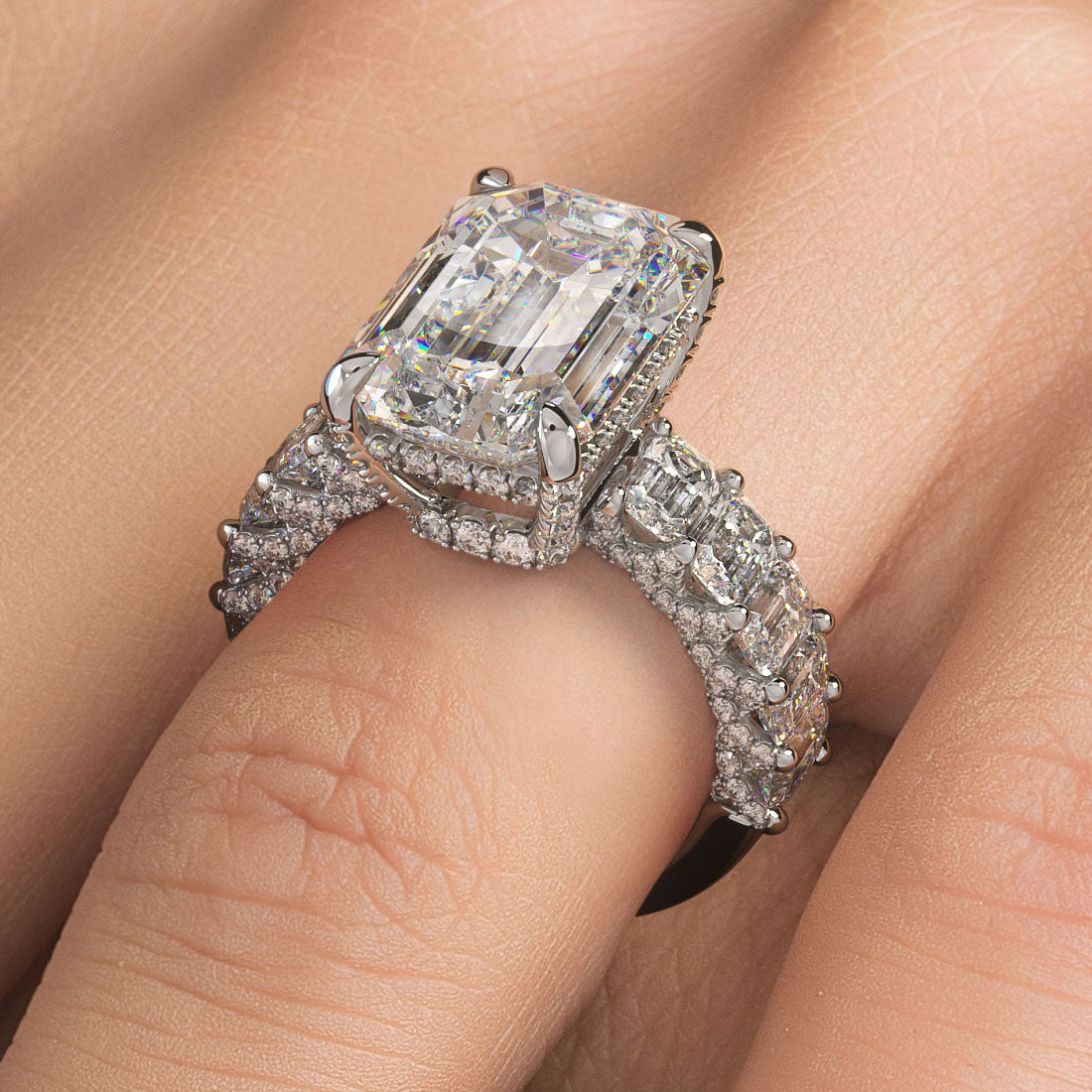 9.77ctw GIA Certified D-VVS2 Emerald Cut Micropavé Lucida Set Lab Grown Diamond Engagement Ring set in 14k White Gold