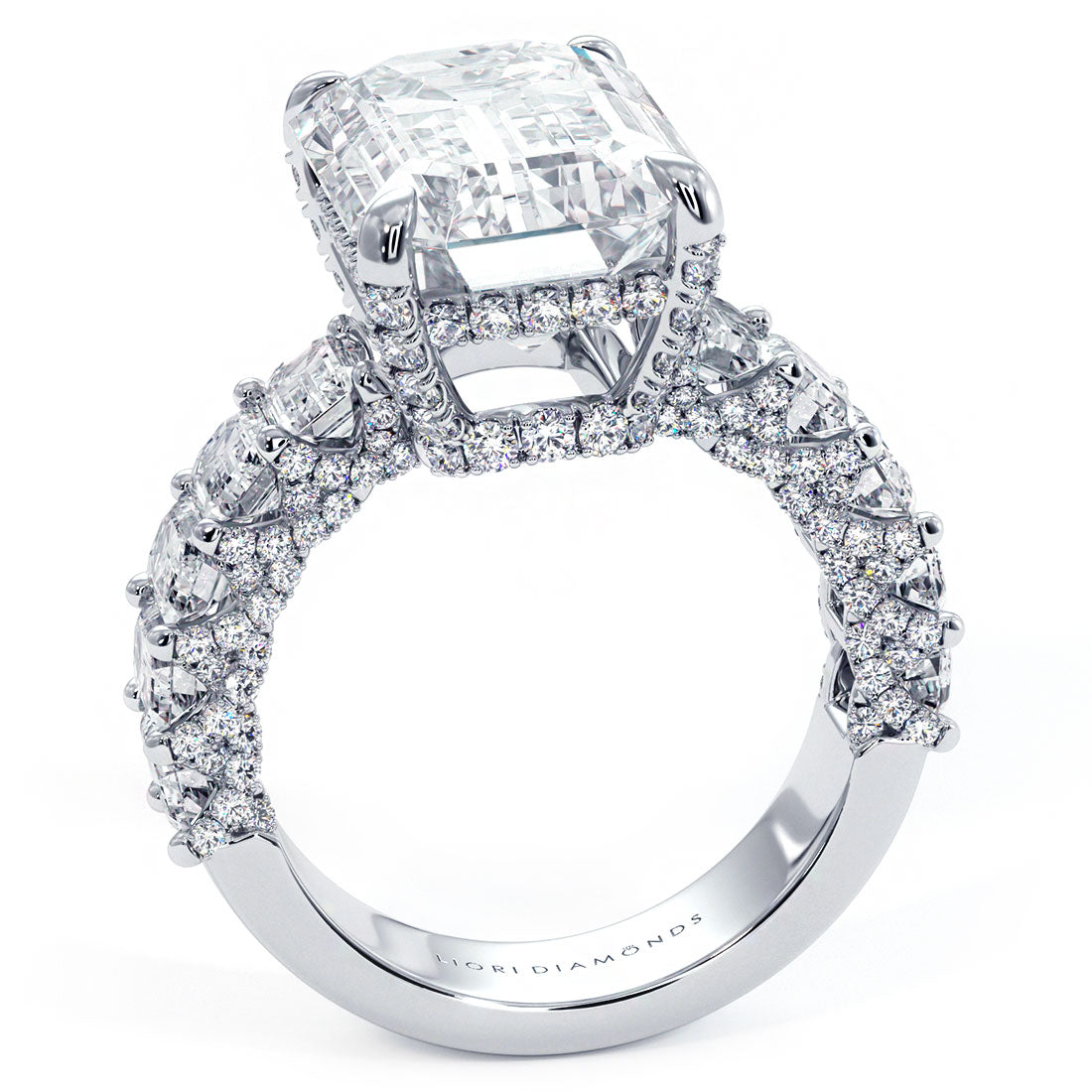 10.73ctw GIA Certified E-VVS2 Emerald Cut Micropavé Lucida Set Lab Grown Diamond Engagement Ring set in 14k White Gold