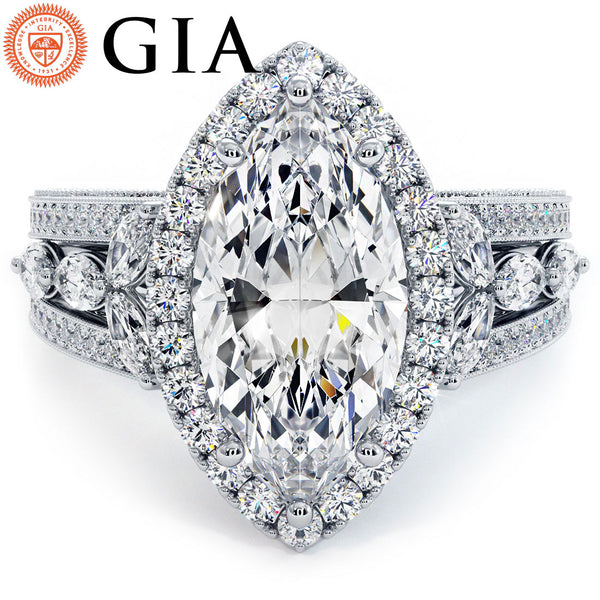 3 Carat Marquise Cut Micropavé Halo Vintage Style Milgrain