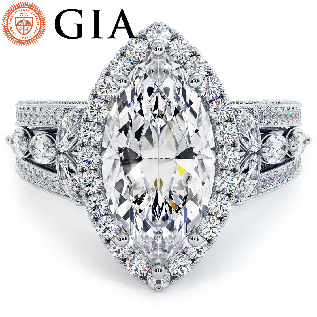 3 Carat Marquise Cut Micropavé Halo Vintage Style Milgrain