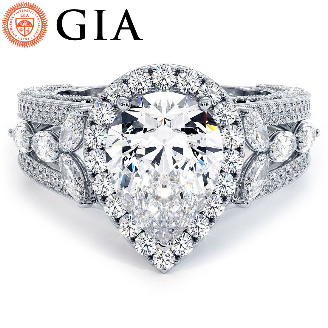 2 Carat Pear Shape Micropavé Halo Vintage Style Milgrain