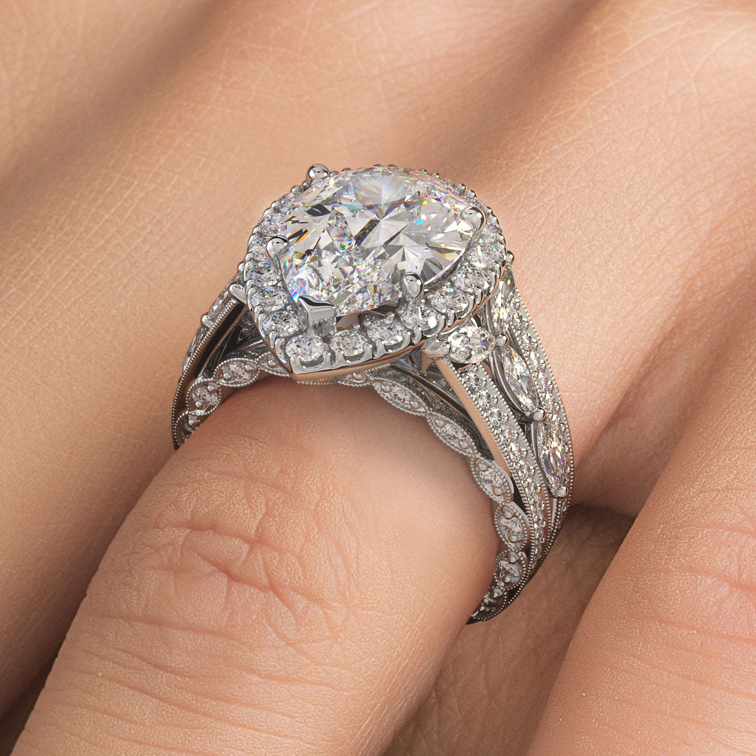 4 Carat Pear Shape Micropavé Halo Vintage Style Milgrain