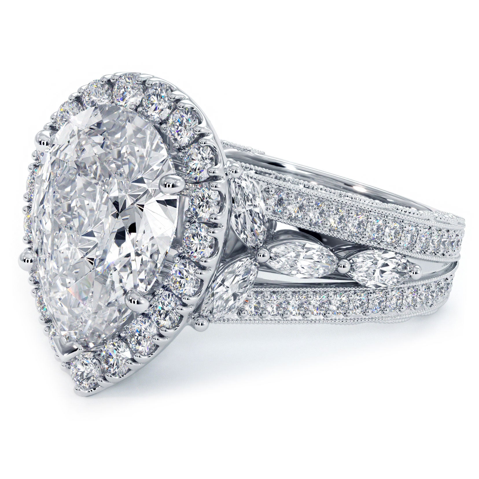 4 Carat Pear Shape Micropavé Halo Vintage Style Milgrain