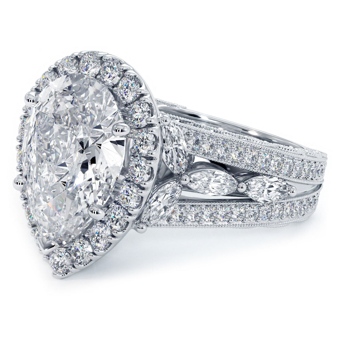 4 Carat Pear Shape Micropavé Halo Vintage Style Milgrain