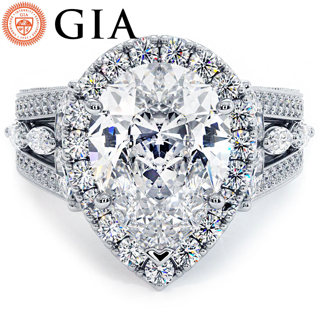 4 Carat Pear Shape Micropavé Halo Vintage Style Milgrain