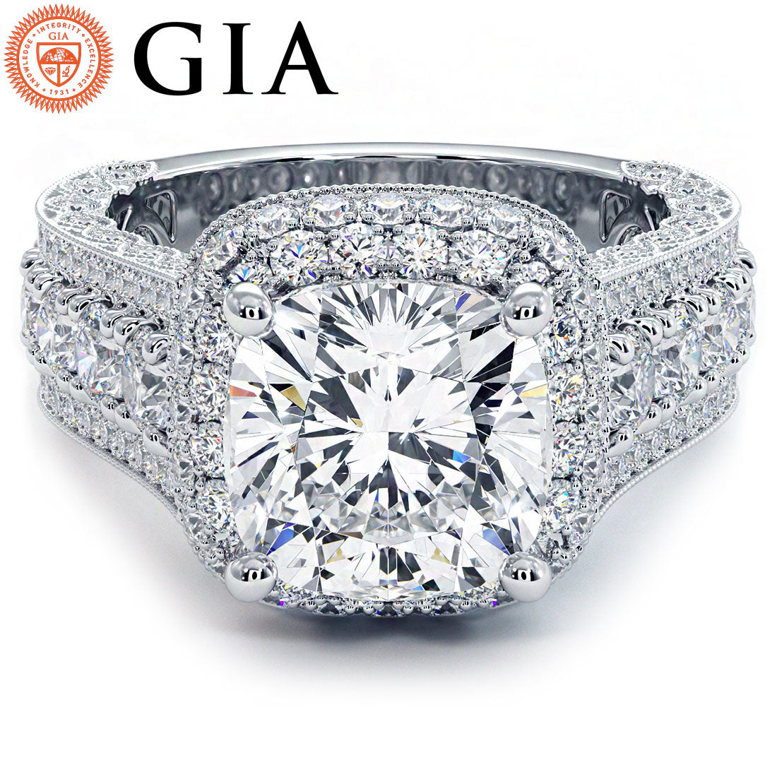 3.5 Carat Cushion Cut Vintage Style Micropavé Halo Graduated Shank