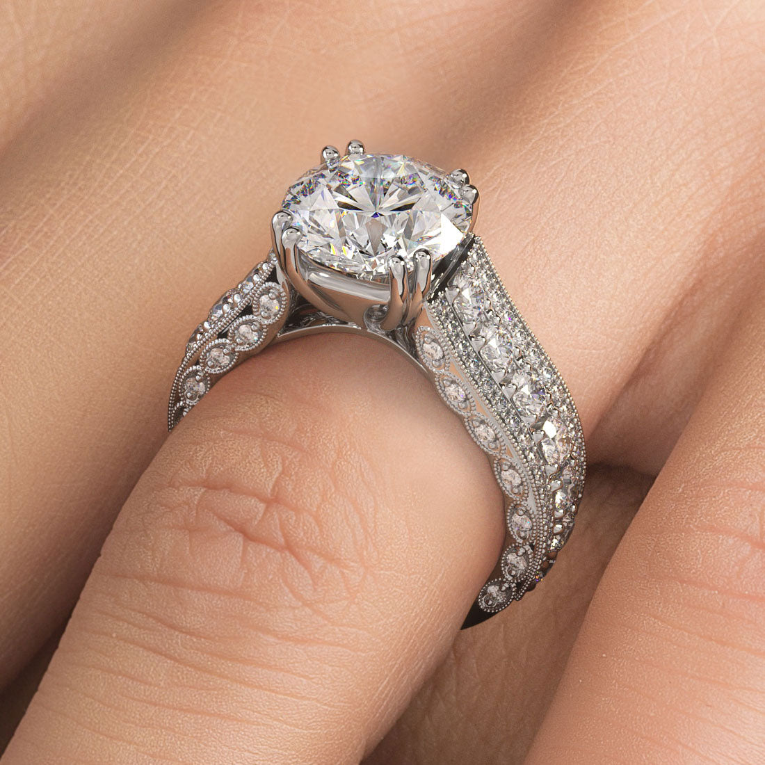 6.27ctw Round Brilliant Vintage Style Milgrain Lab Grown Diamond Engagement Ring 14k White Gold