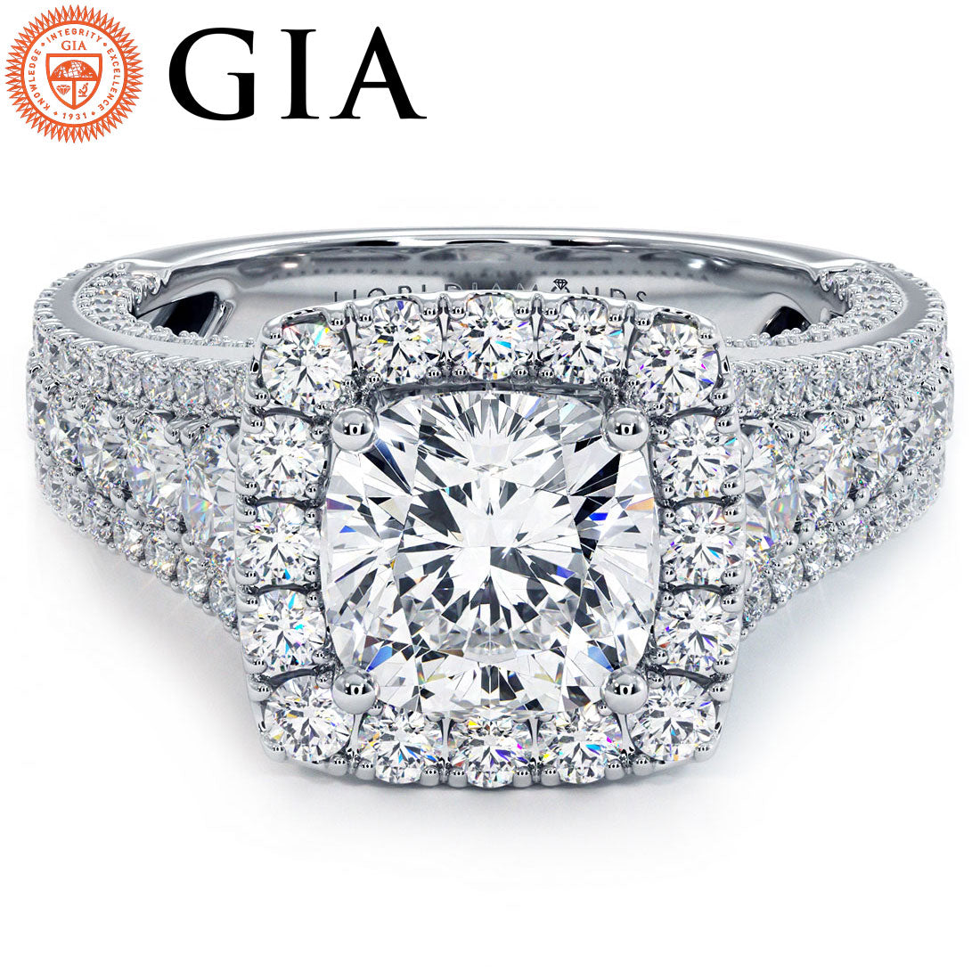 1 Carat Cushion Cut Vintage Style Micropavé Halo Graduated Shank
