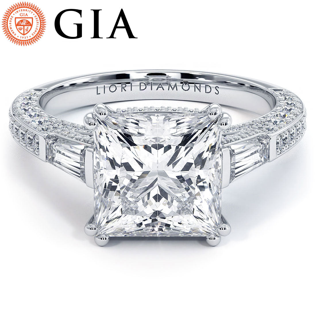 3 Carat Princess Cut & Tapered Baguette Three Stone Micropavé