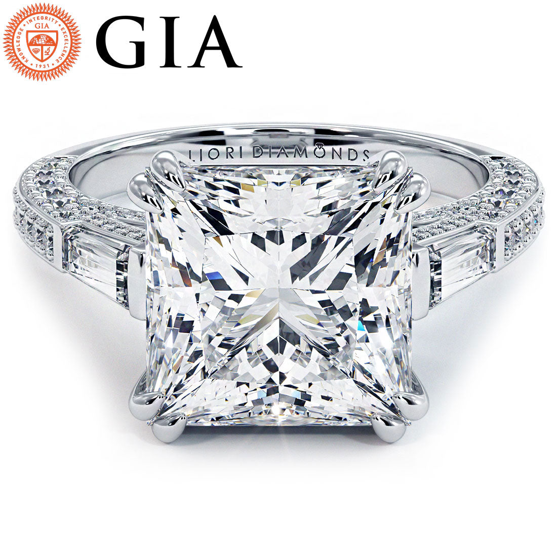 5 Carat Princess Cut & Tapered Baguette Three Stone Micropavé