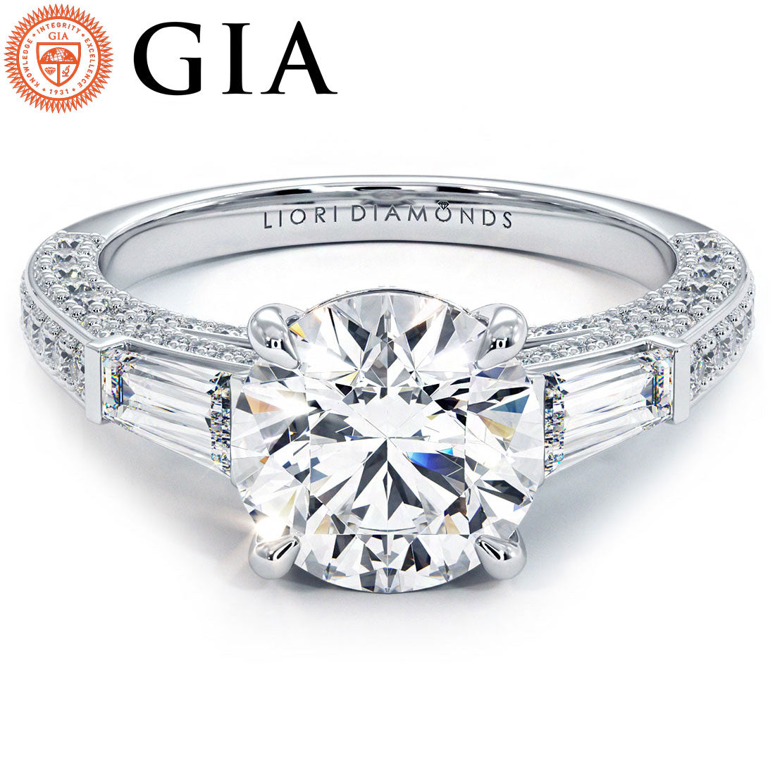 2 Carat Round Brilliant & Tapered Baguette Three Stone Micropavé