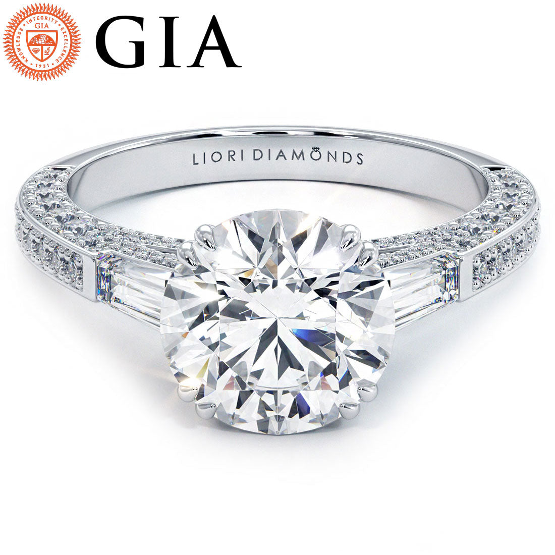 3 Carat Round Brilliant & Tapered Baguette Three Stone Micropavé