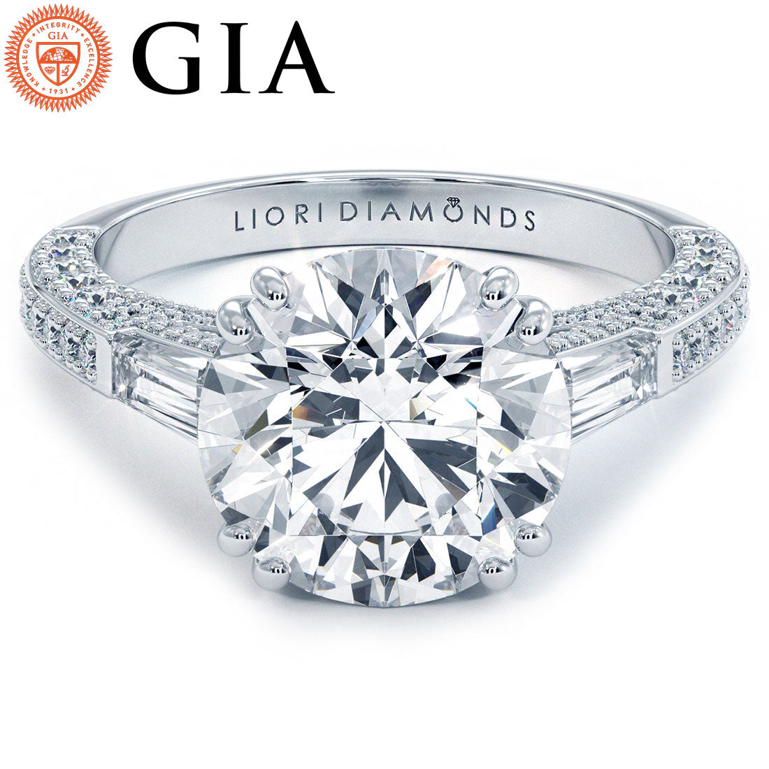 5 Carat Round Brilliant & Tapered Baguette Three Stone Micropavé
