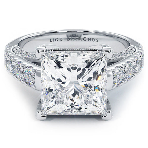5.75ctw Princess Cut F-VS1 Micropavé Milgrain Prongs Lab Grown Diamond Engagement Ring set in 14k White Gold
