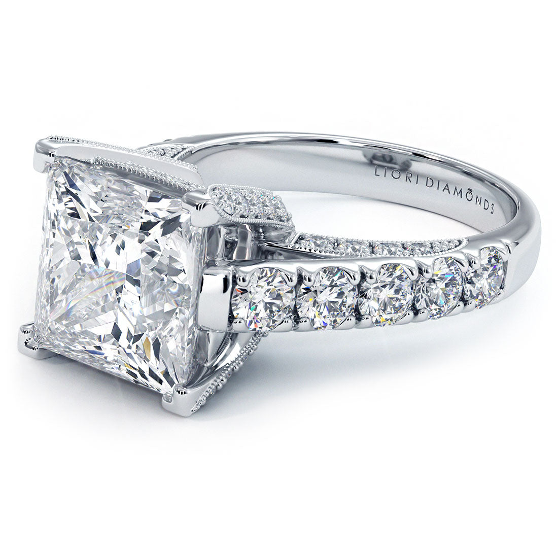 5.75ctw Princess Cut F-VS1 Micropavé Milgrain Prongs Lab Grown Diamond Engagement Ring set in 14k White Gold