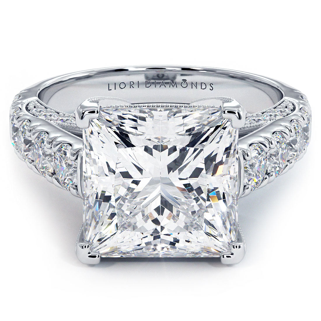 6.76ctw Princess Cut F-VS1 Micropavé Milgrain Prongs Lab Grown Diamond Engagement Ring set in 14k White Gold