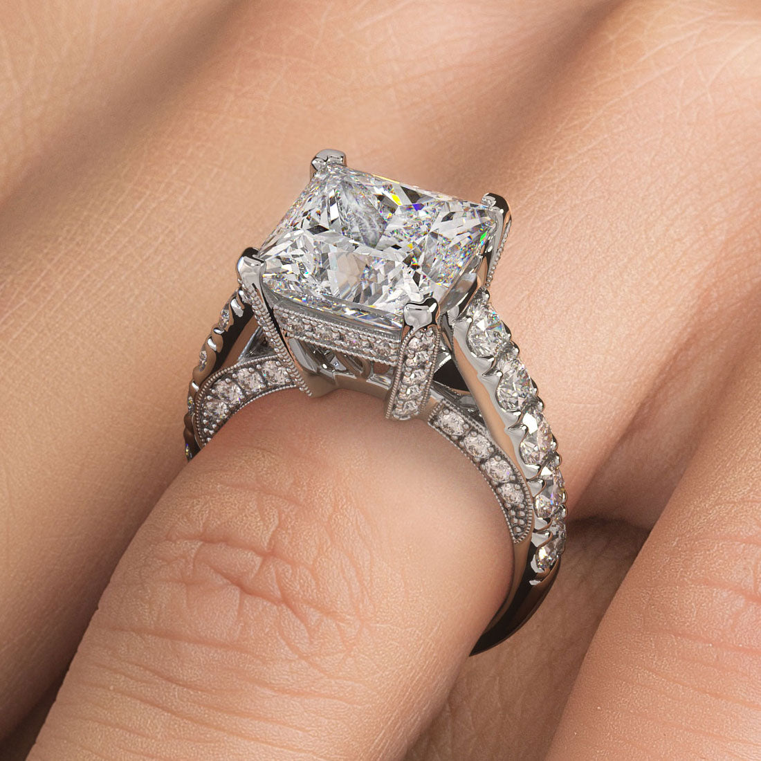 6.76ctw Princess Cut F-VS1 Micropavé Milgrain Prongs Lab Grown Diamond Engagement Ring set in 14k White Gold
