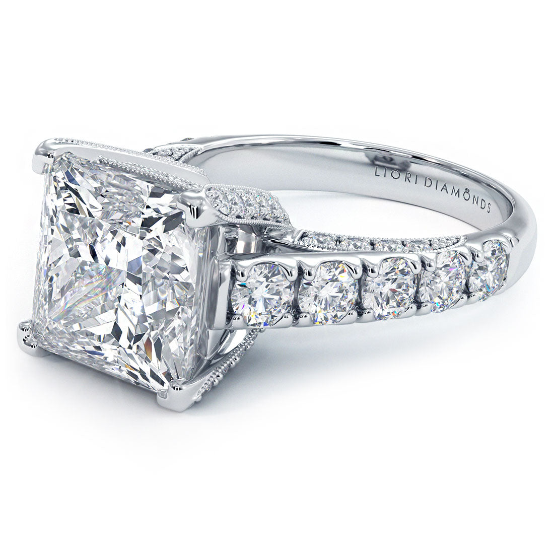 6.76ctw Princess Cut F-VS1 Micropavé Milgrain Prongs Lab Grown Diamond Engagement Ring set in 14k White Gold