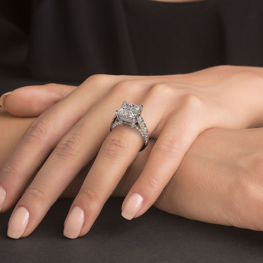 6.76ctw Princess Cut F-VS1 Micropavé Milgrain Prongs Lab Grown Diamond Engagement Ring set in 14k White Gold