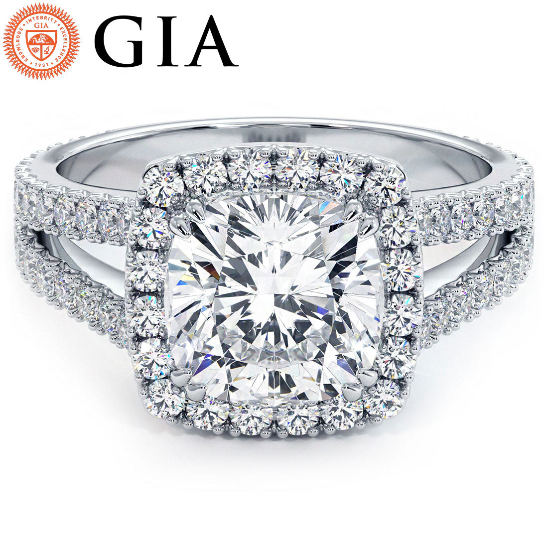 2 Carat Cushion cut Halo Split Shank French Cut