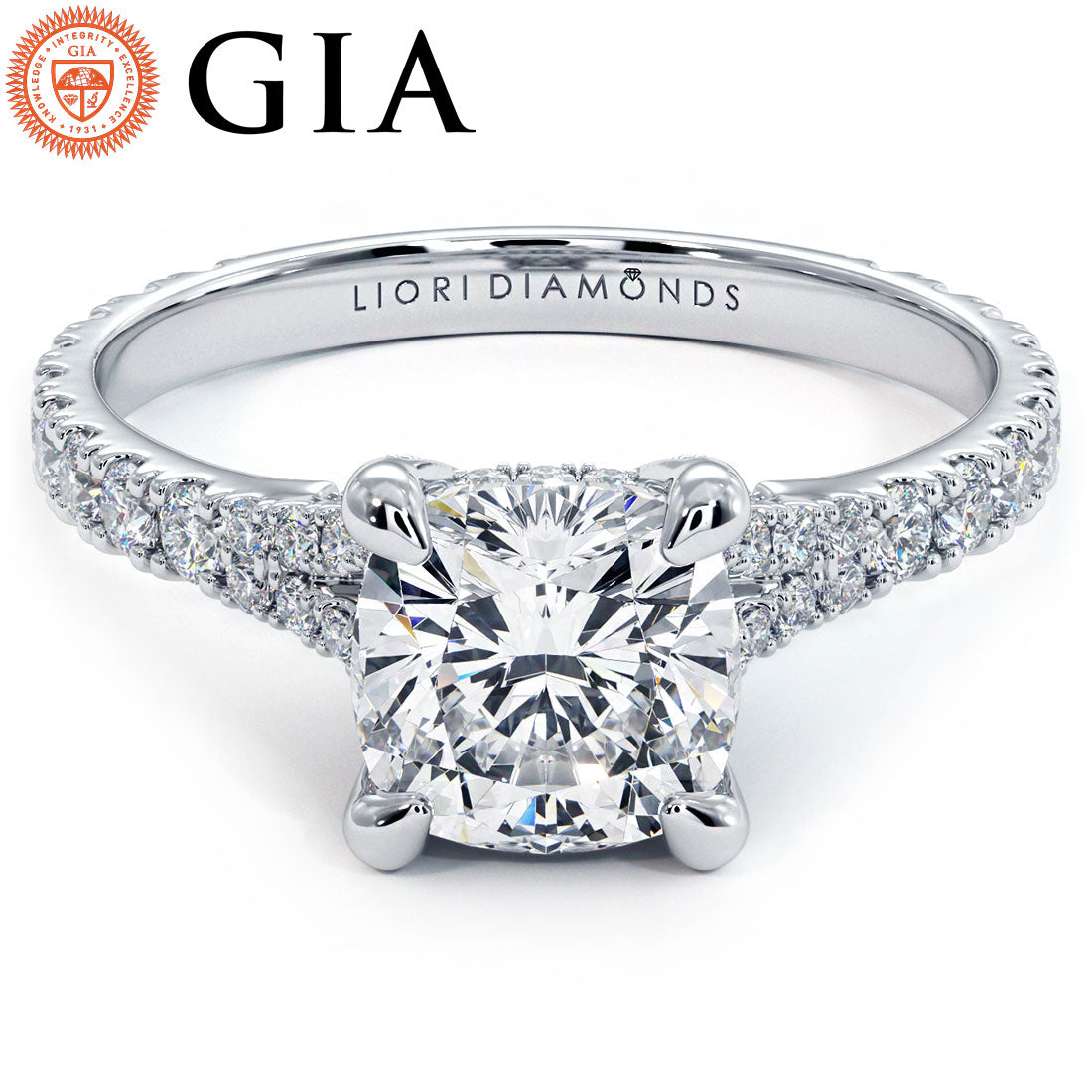 1.5 Carat Cushion Cut Micropavé Cathedral Split Shank