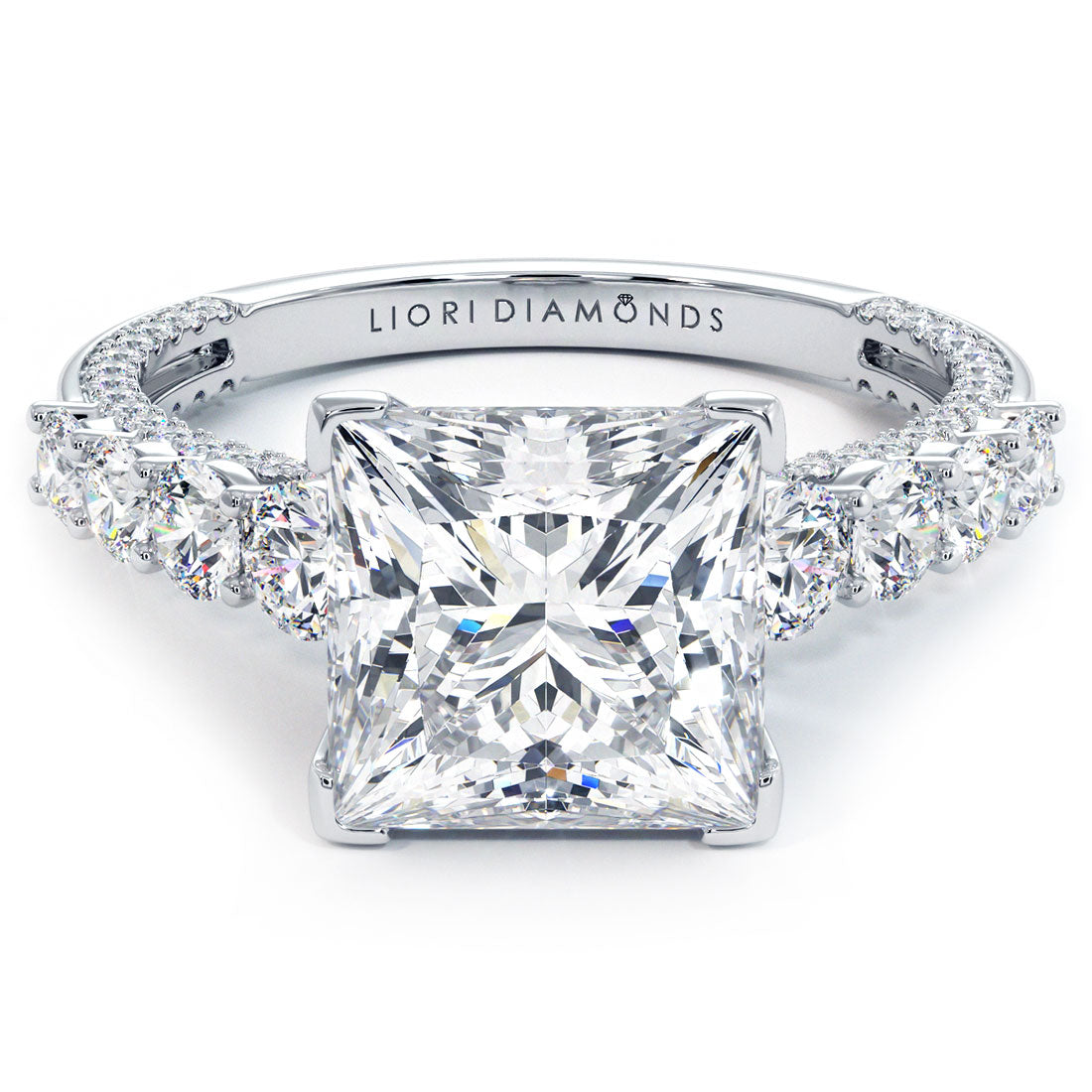 4.24ctw Princess Cut F-VS1 Micropavé & Graduated Side Lab Grown Diamond Engagement Ring set in 14k White Gold