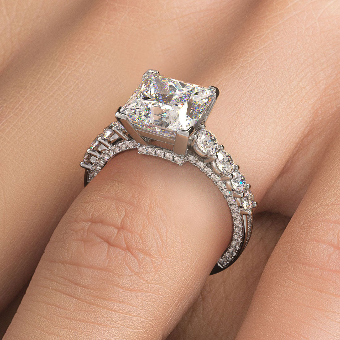 4.24ctw Princess Cut F-VS1 Micropavé & Graduated Side Lab Grown Diamond Engagement Ring set in 14k White Gold