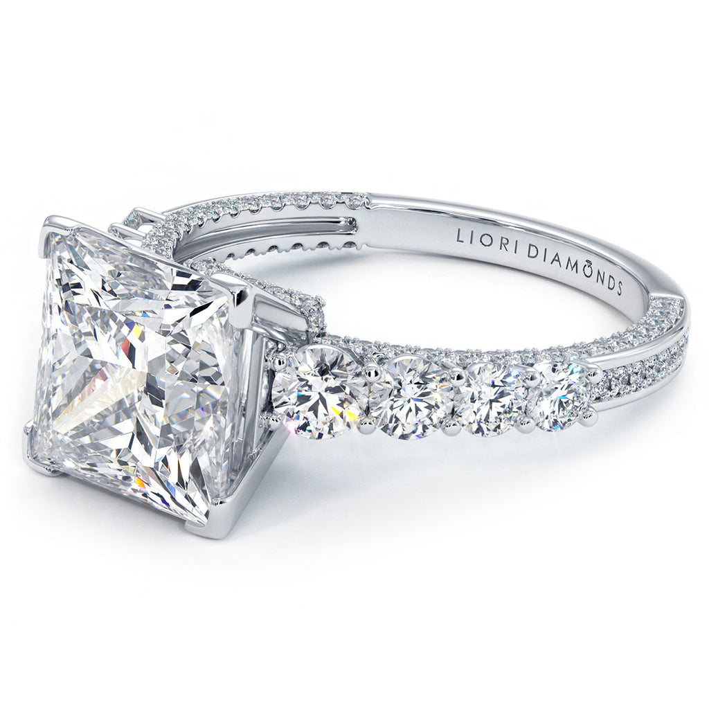 4.24ctw Princess Cut F-VS1 Micropavé & Graduated Side Lab Grown Diamond Engagement Ring set in 14k White Gold