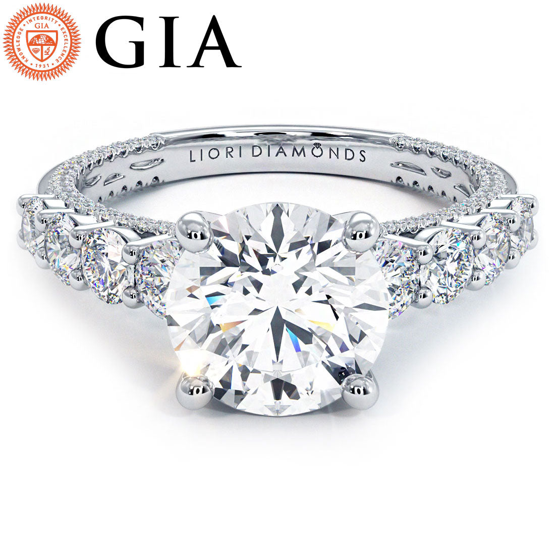 3.47ctw GIA Certified Round Brilliant Micropavé & Graduated Side Lab Grown Diamond Engagement Ring 14k White Gold