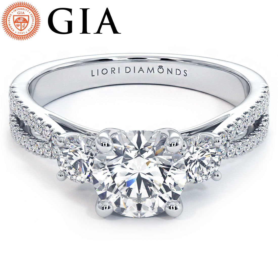 1 Carat Round Brilliant Three Stone Micropavé Split Shank