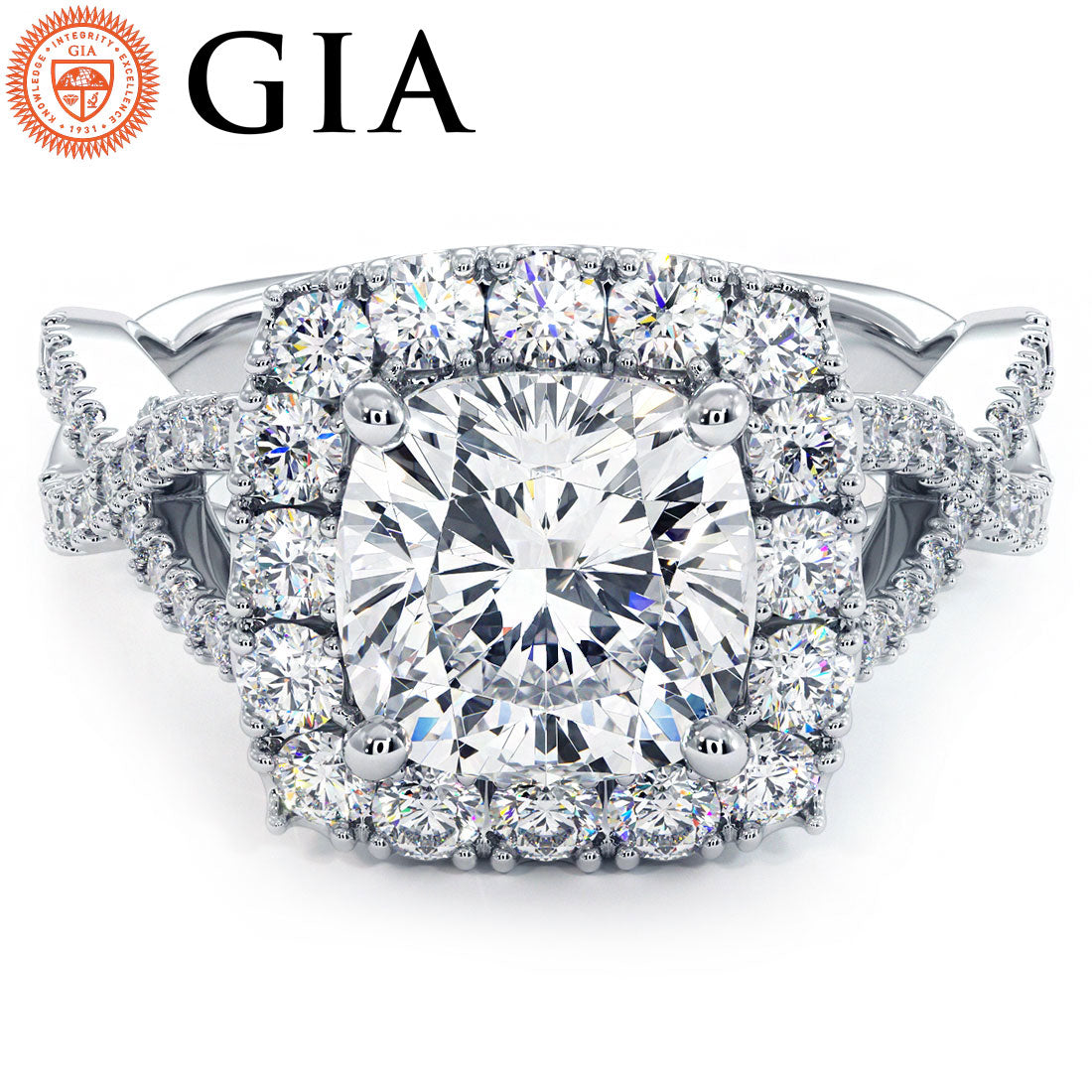 2 Carat Cushion Cut Square Halo Infinity Twist