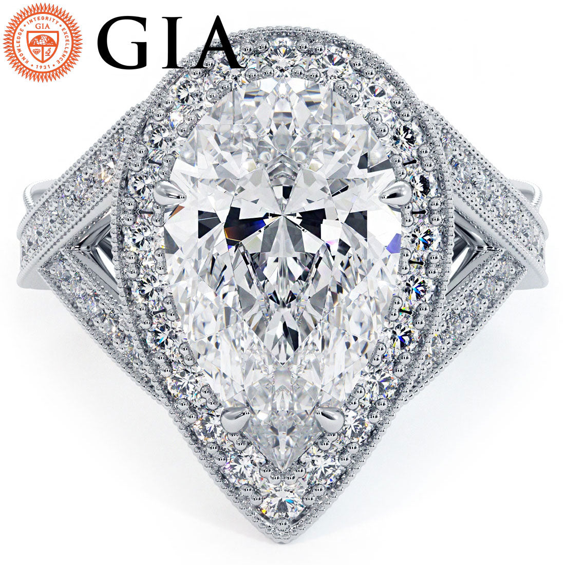 4 Carat Pear Shape Micropavé Milgrain Infinity Twist Halo