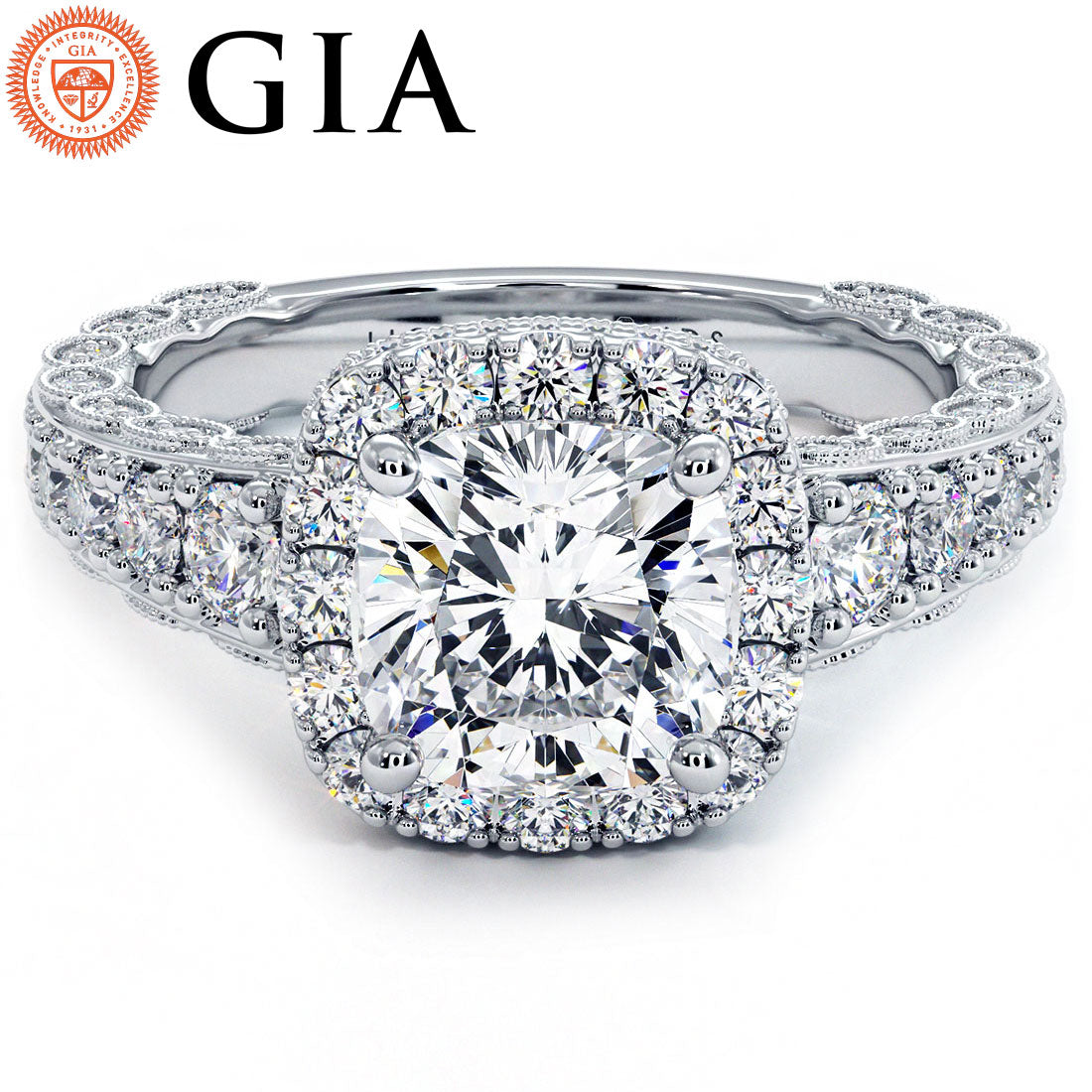 1.5 Carat Cushion Cut Filigree Vintage Style Halo