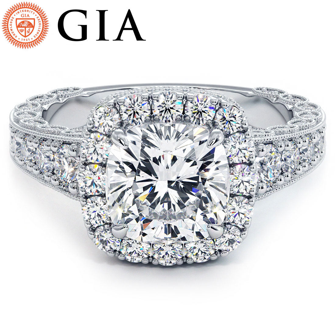 2 Carat Cushion Cut Filigree Vintage Style Halo