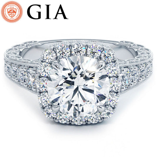 3.60ctw GIA Certified Round Brilliant Filigree Vintage Style Halo Lab Grown Diamond Engagement Ring 14k White Gold