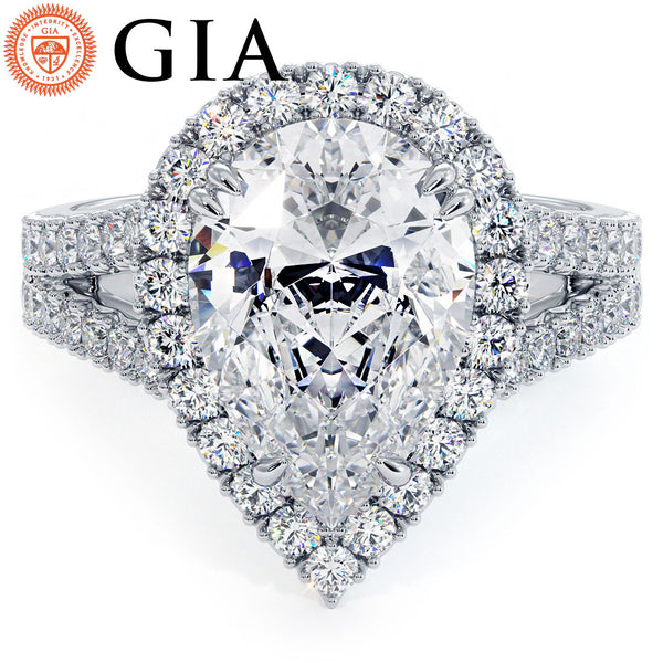 3 Carat Pear Shape French Cut Halo Split Shank