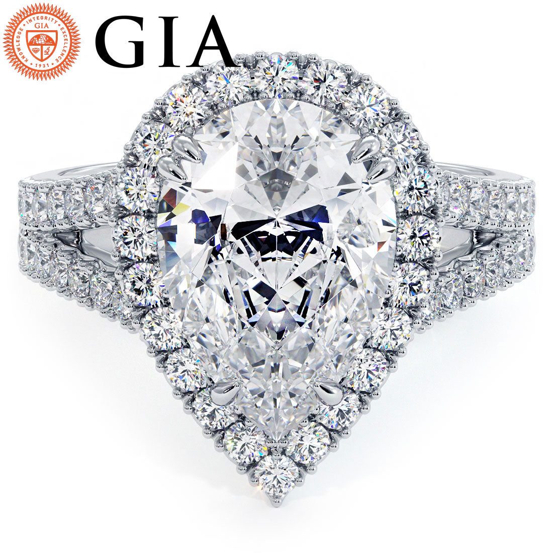 3 Carat Pear Shape French Cut Halo Split Shank