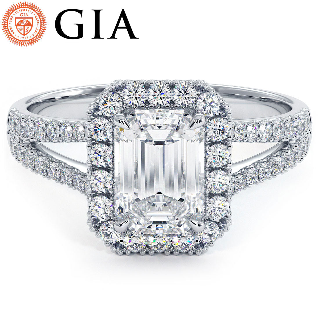 1 Carat Emerald Cut French Cut Halo Split Shank
