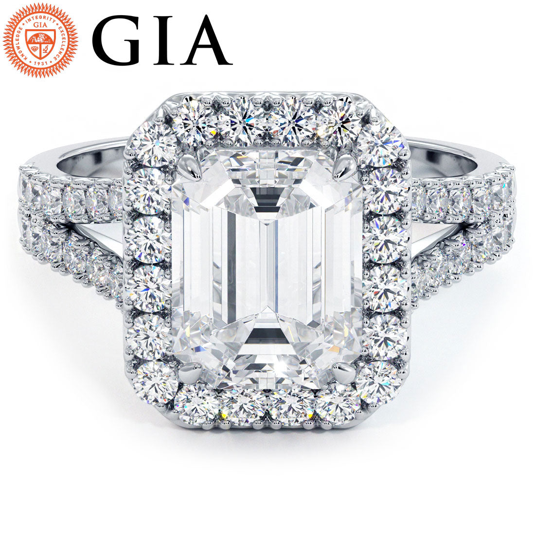 3 Carat Emerald Cut French Cut Halo Split Shank
