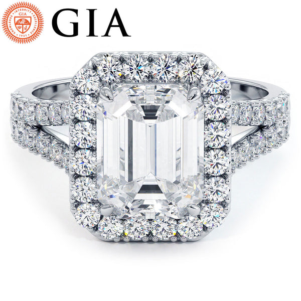 3 Carat Emerald Cut French Cut Halo Split Shank