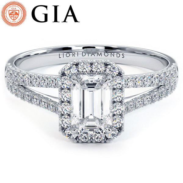 0.75ct Emerald Cut French Cut Halo Split Shank