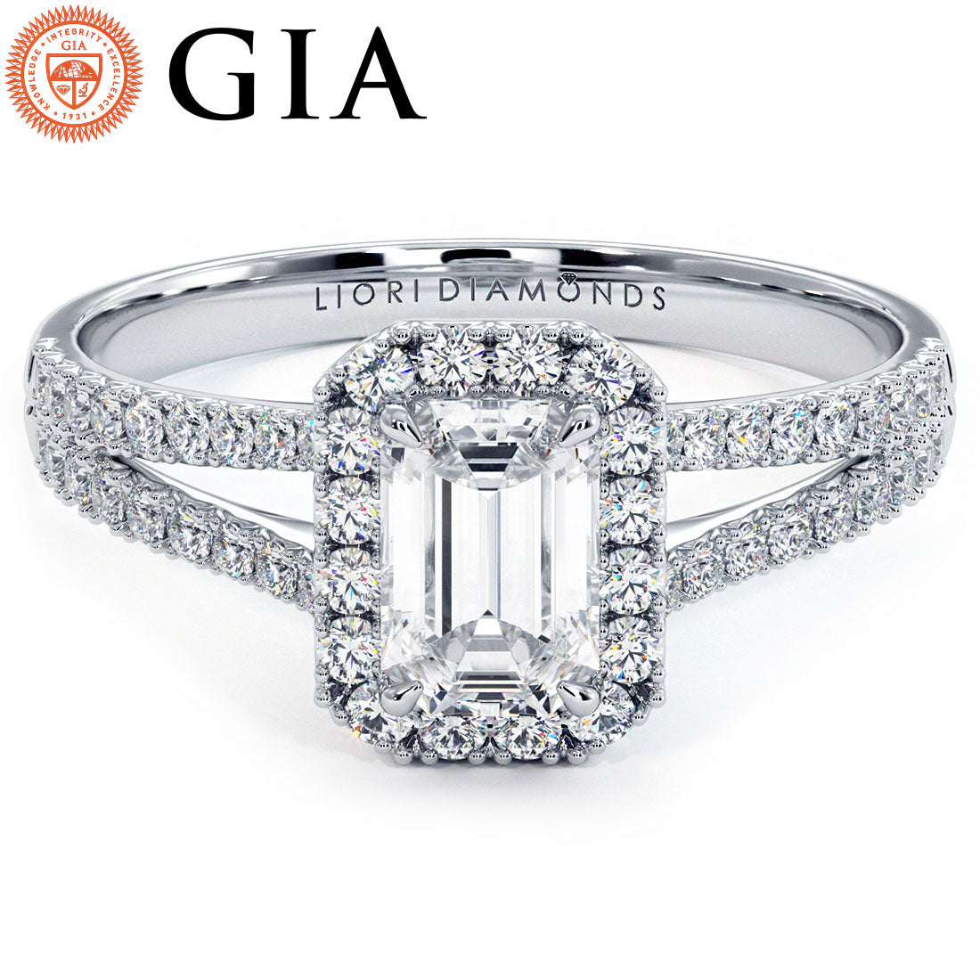 0.75ct Emerald Cut French Cut Halo Split Shank