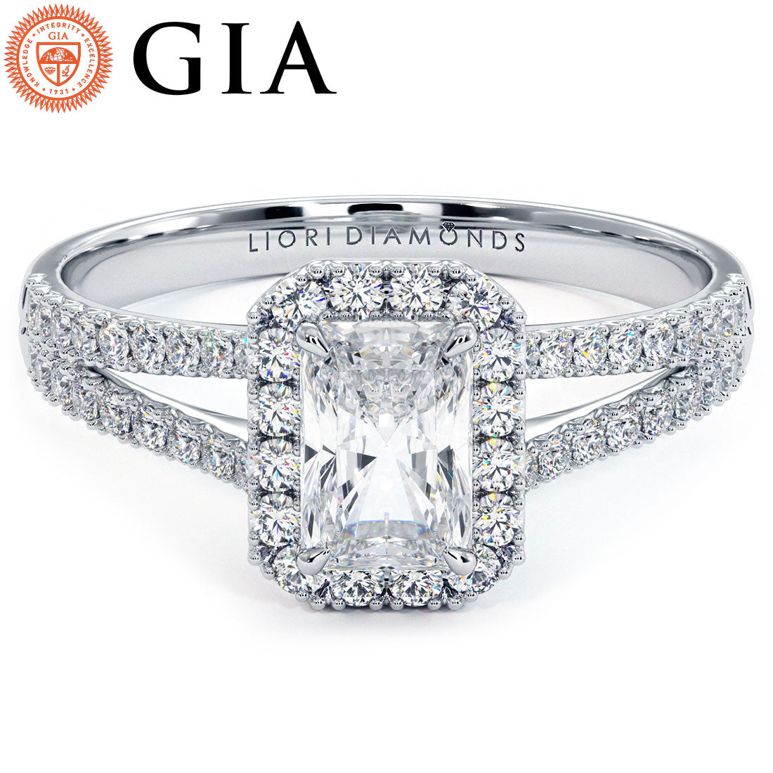 0.75ct Radiant Cut French Cut Halo Split Shank