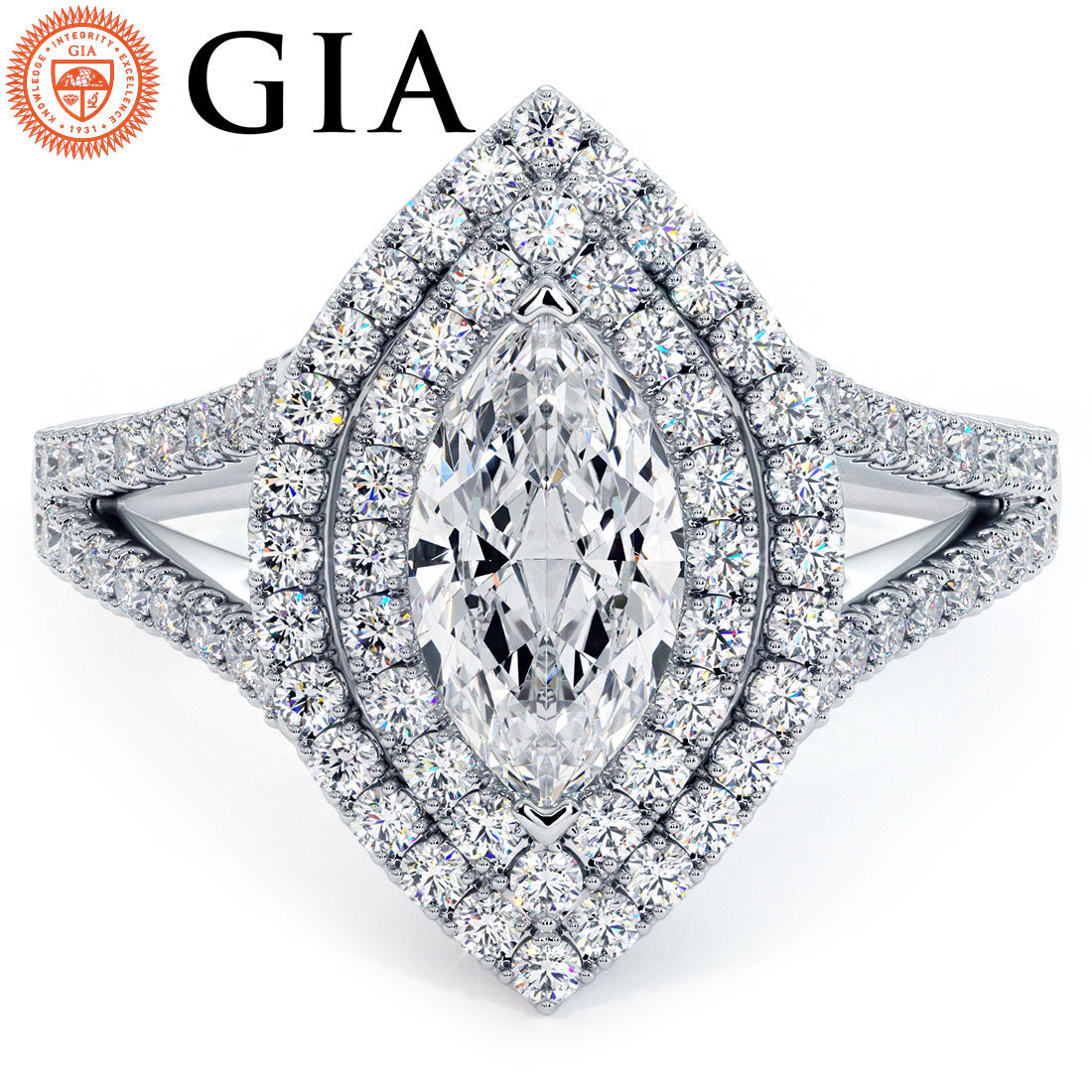 1 Carat Marquise Cut Double Halo Micropavé Split Shank
